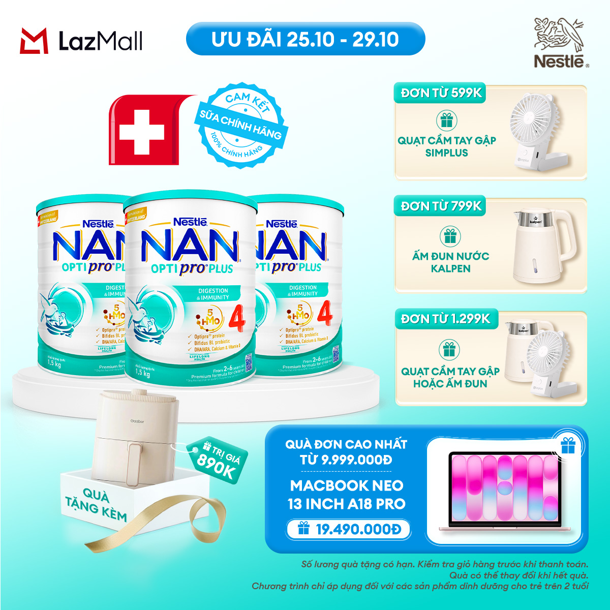 [CHỈ 25-29.10 QT ĐƠN 599K/799K/1299K] [Tặng Nồi chiên không dầu Gaabor] Bộ 3 lon Sữa bột Nestlé NAN OPTIPRO PLUS 4 1500g/lon với 5HMO Giúp tiêu hóa tốt
