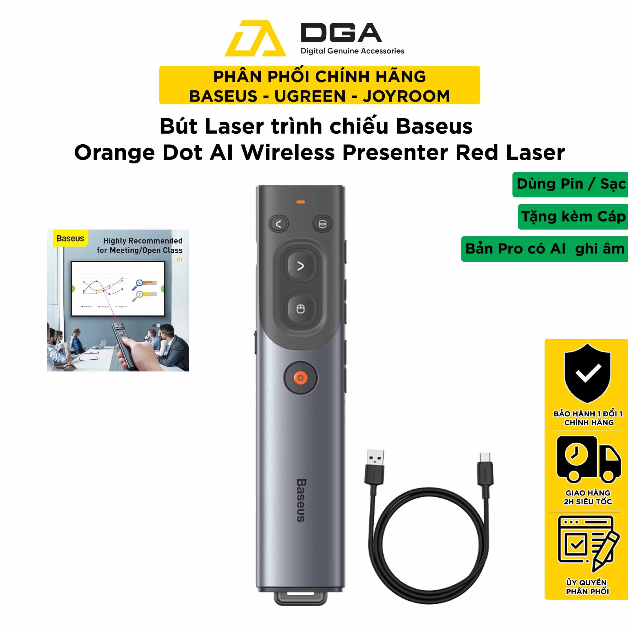 Bút trình chiếu Baseus Laser Orange Dot Wireless Presenter Red Laser Pointer