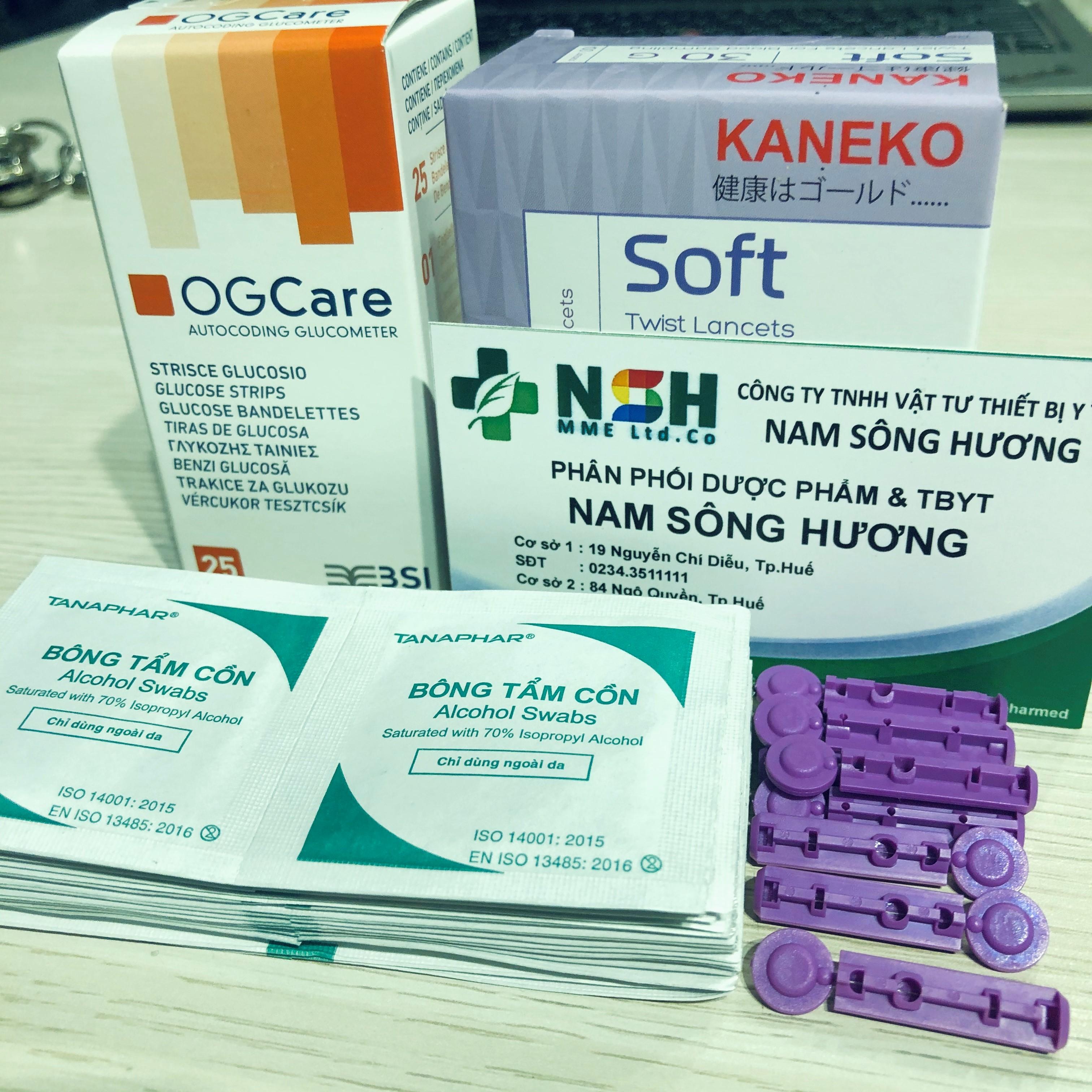 Combo 25 que thử đường huyết test thử tiểu đường OGcare og care kèm 25 Bông tẩm cồn và 25 Kim lấy máu