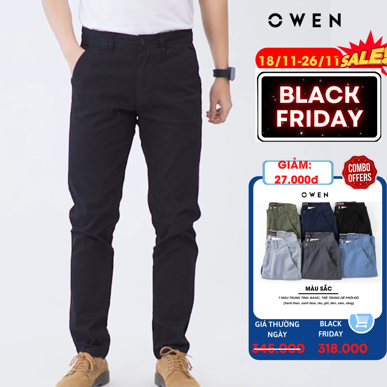 quần kaki nam OWEN chuẩn hãng màu đen, chất kaki cotton cao cấp, dày dặn, co giãn, form đứng dáng ôm nhẹ trẻ trung, năng động