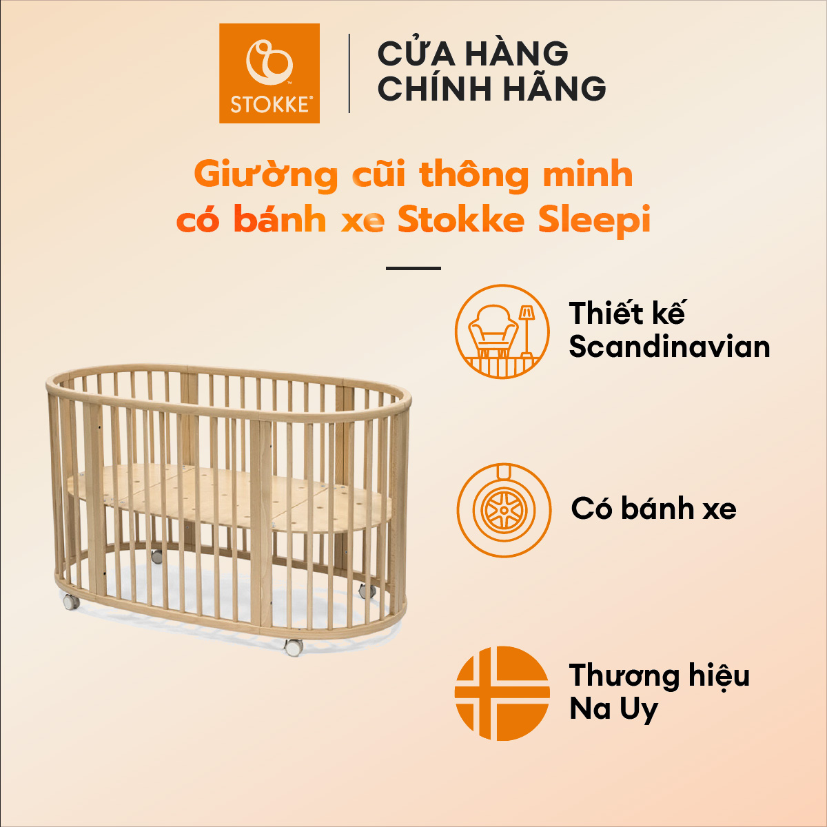 Nôi Cũi cao cấp cho bé 0 - 5 tuổi, có thể điều chỉnh độ cao đáy nôi, có bánh xe xoay và khóa chống trượt - Stokke Sleepi Bed V3 - Nhiều màu