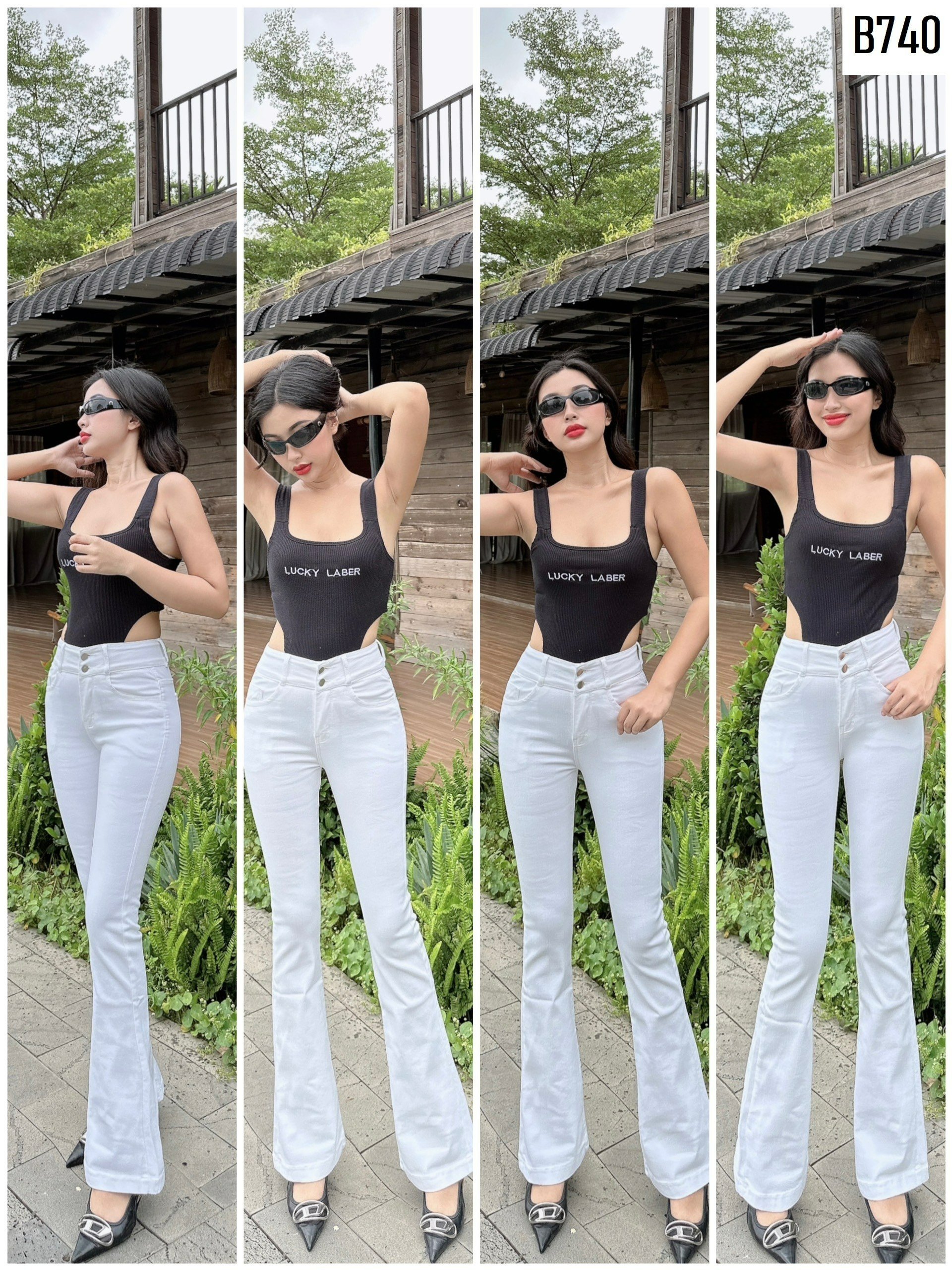 Quần jeans nữ loe trơn màu trắng đính nút giả thắt lưng cao 2 nút trend 2023 b740