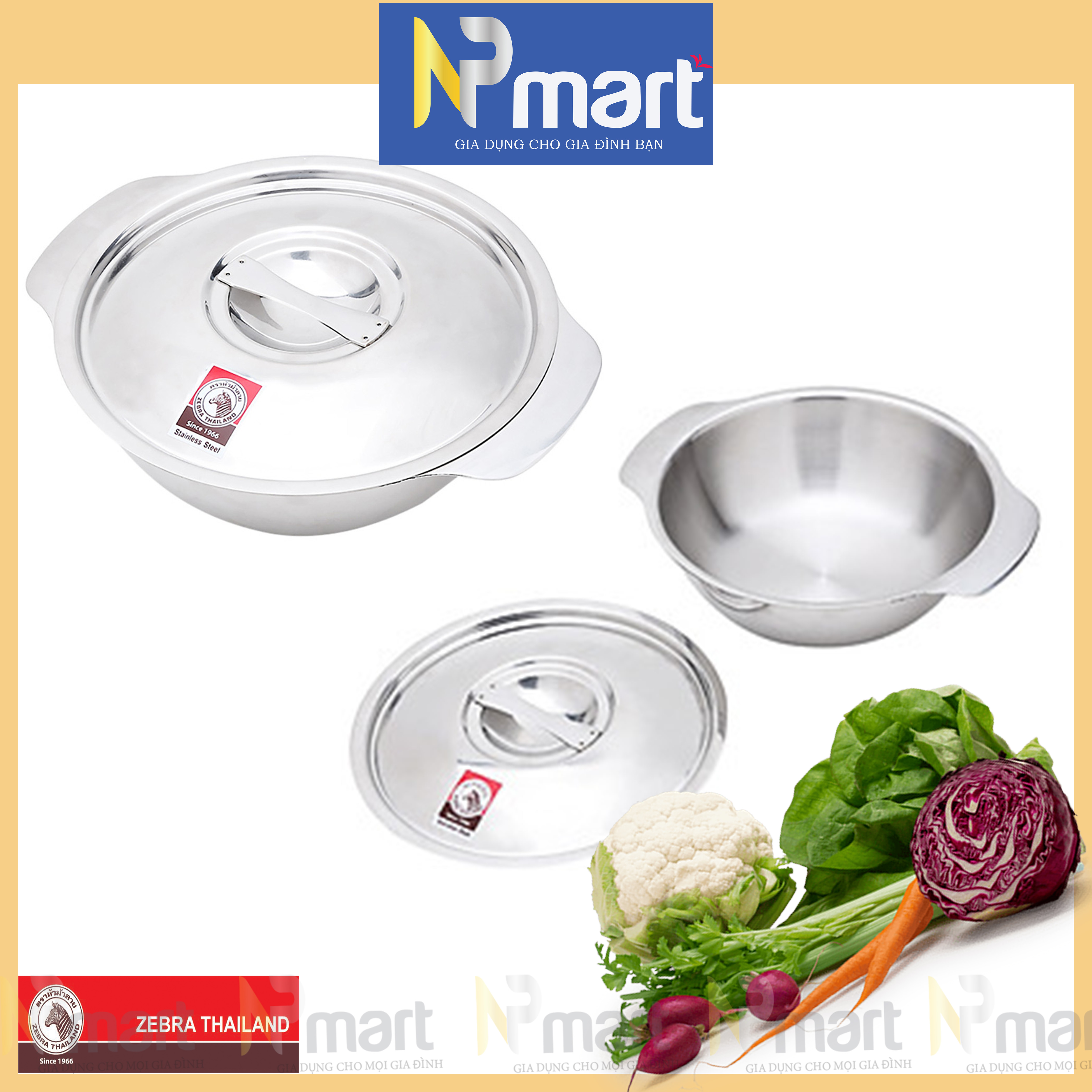 Thố inox 304 có nắp, 2 quai cầm zebra nhiều kích thước - nhập khẩu thái lan 123020