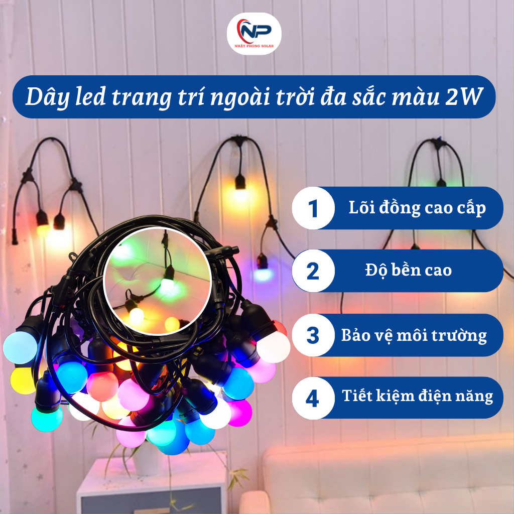 Dây đèn trang trí ngoài trời,đèn led trang trí 5m 10đuôi, 7m 15đuôi,10m 20đuôi, chống nước, lõi đồng cao cấp