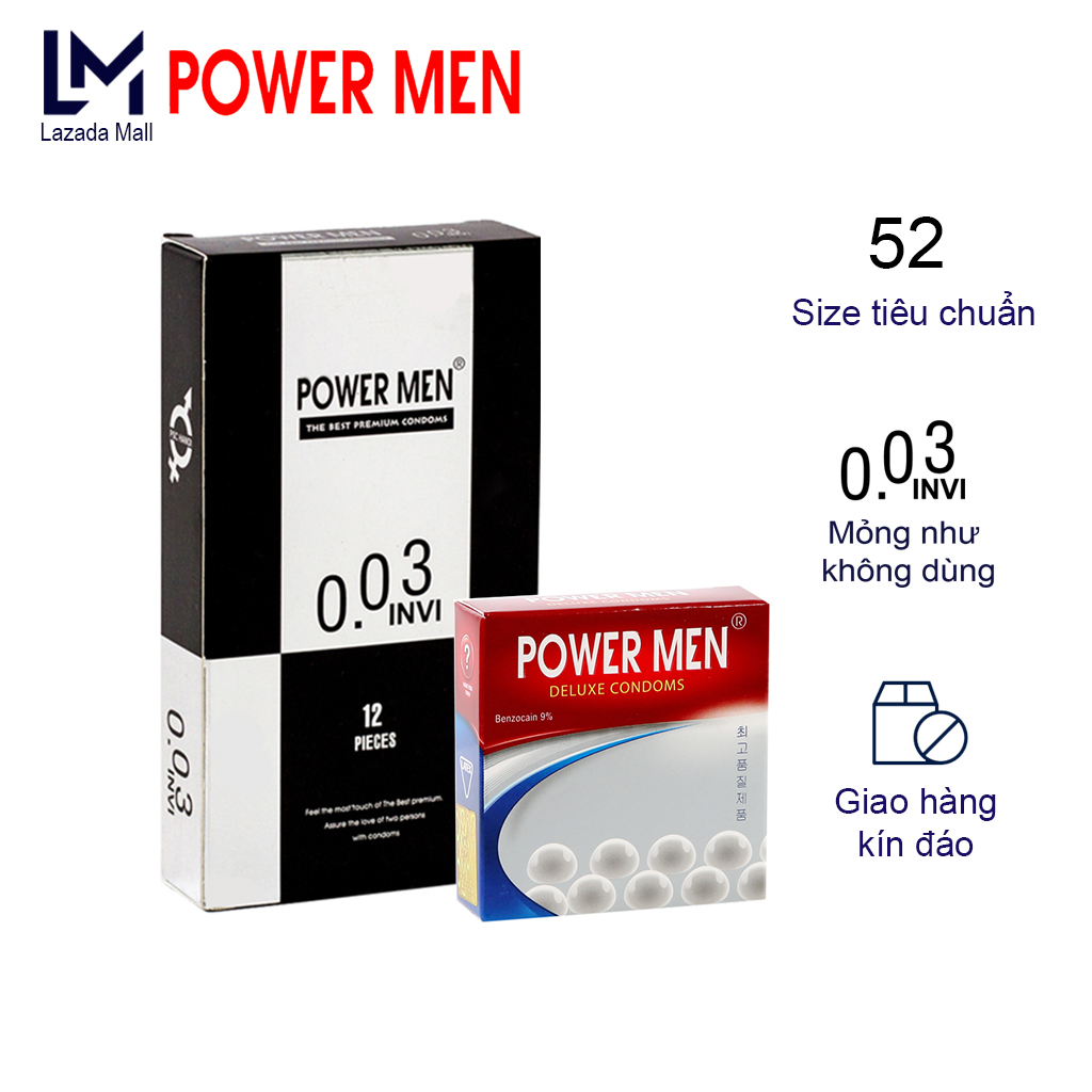 Combo bao cao su siêu siêu mỏng Powermen INVI 0.03 truyền nhiệt Hộp 12 chiếc + Tặng BCS xuất tinh sớm