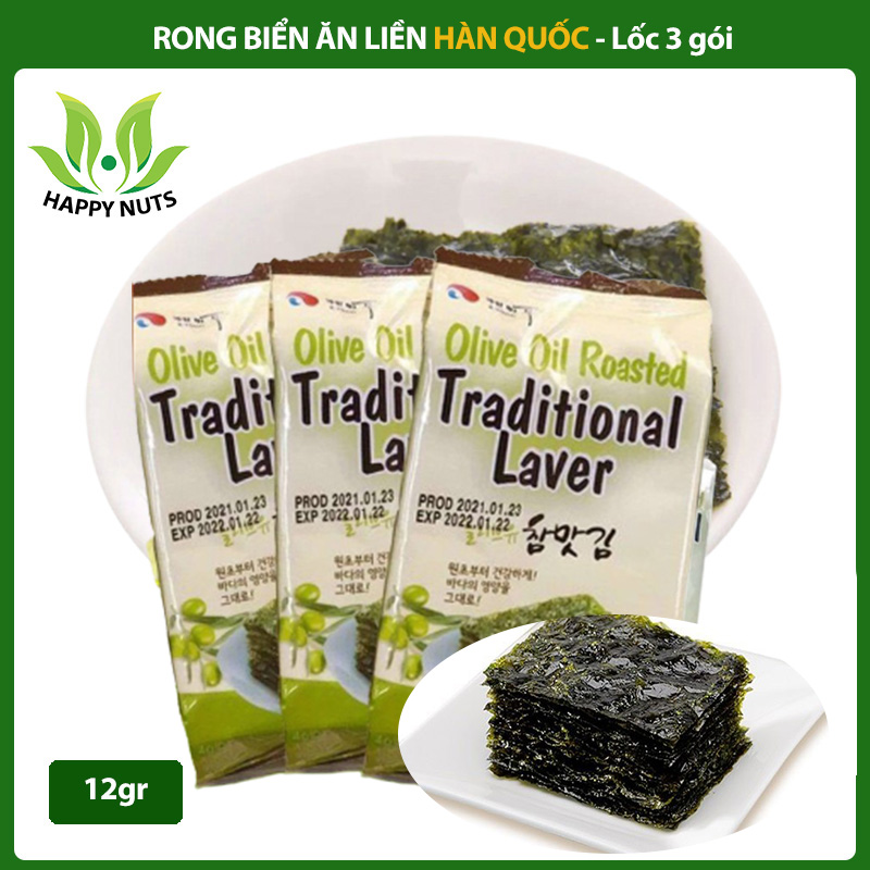 [Lốc 3 gói] Rong biển khô cháy tỏi ăn liền Hàn Quốc lốc 3 gói 12g vị oliu cuộn cơm - Happy nuts