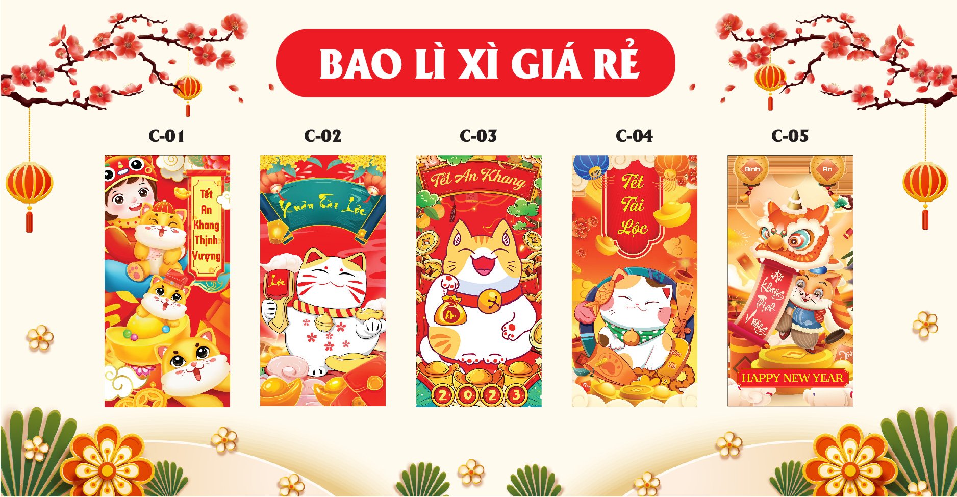 1 xấp 10 cái bao lì xì tết quý mão- bao lì xì tết 2023 tết đoàn viên
