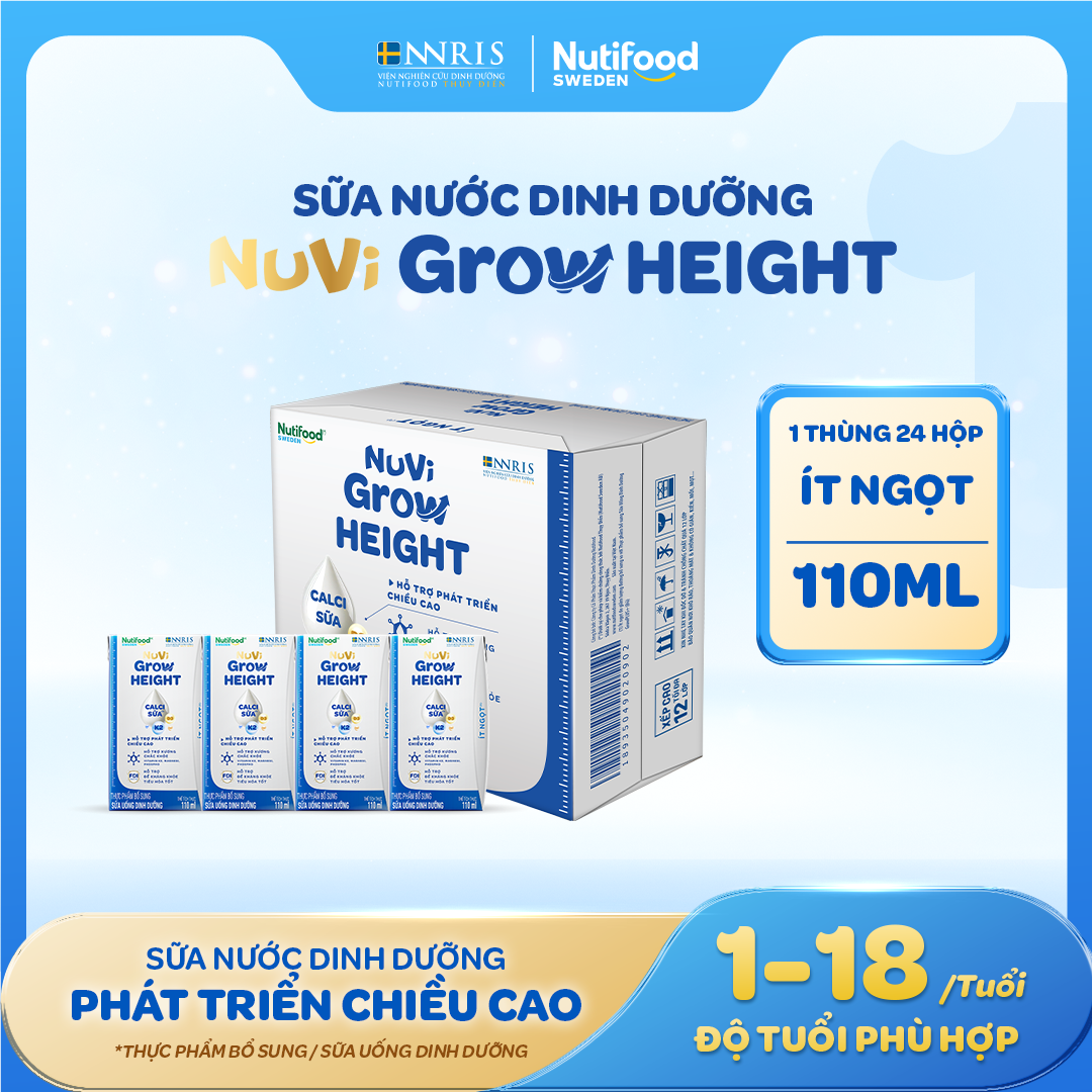 Nuvi Grow Height Liquid Milk (Box of 24 Boxes of 110ml, Less Sweet) - Supports Height Growth
