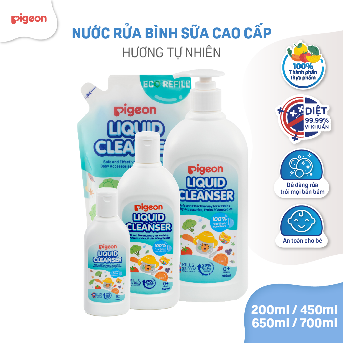 Nước Rửa Bình Sữa Pigeon Hương Tự Nhiên Tươi Mát 100% Thành Phần Thực Phẩm, Diệt 99.99% Vi Khuẩn