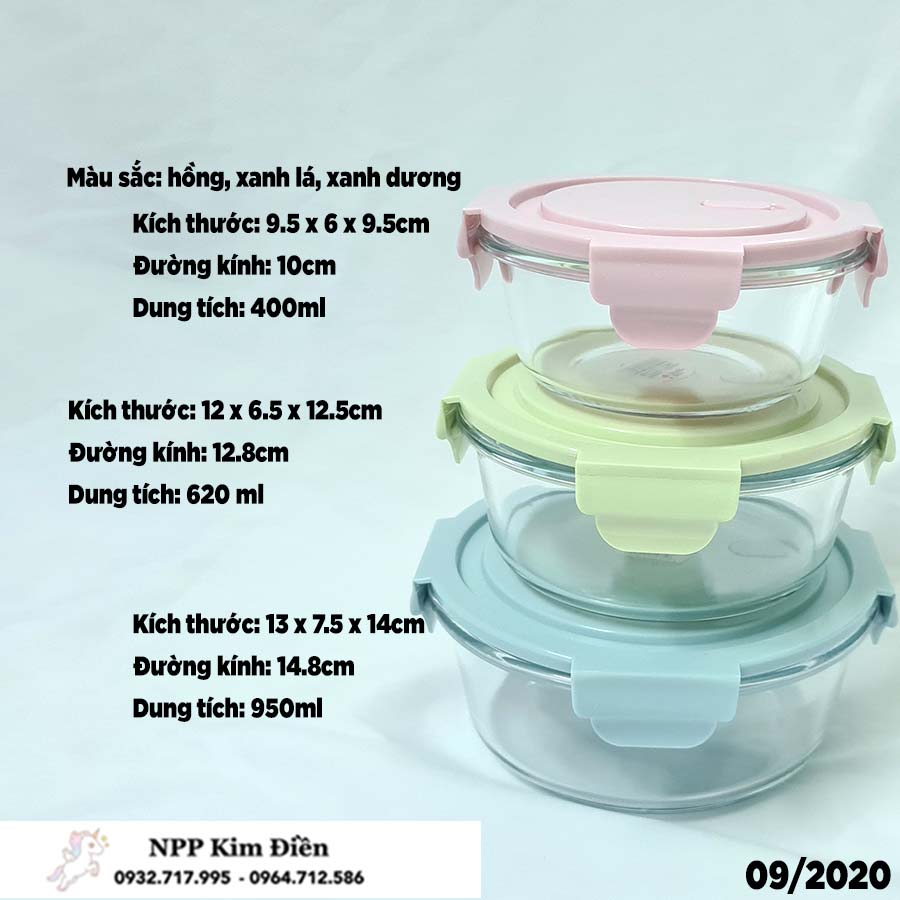 Hộp cơm thủy tinh đựng thực phẩm hình tròn cao cấp có nắp hút chân không, đa năng - Thố thủy tinh tròn