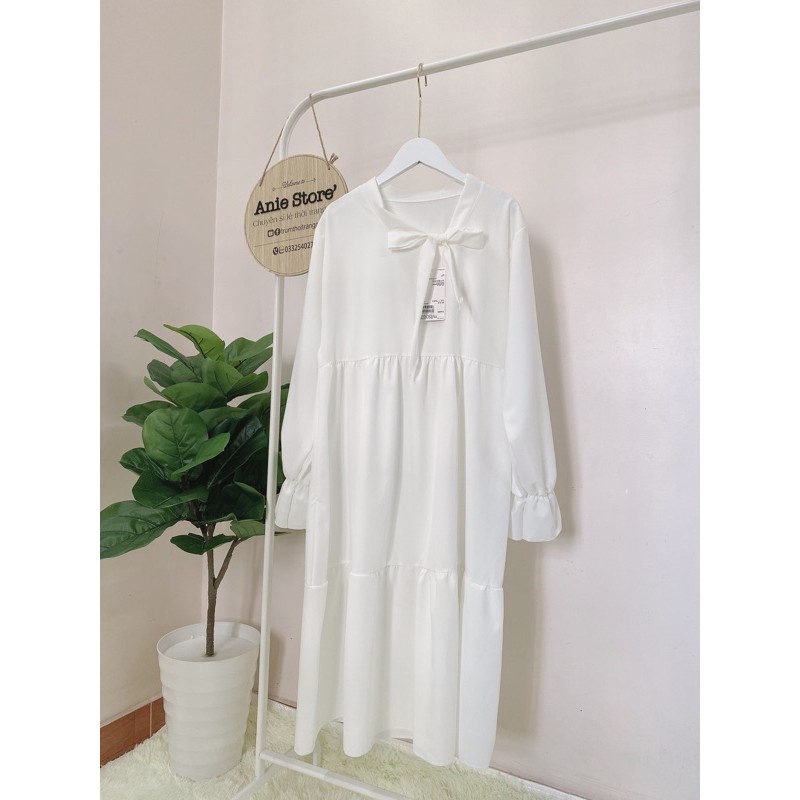 Váy suông nữ kiểu dáng babydoll dài tay, Đầm nữ dự tiệc màu trắng cổ buộc nơ kiểu dang tiểu thư sang chảnh