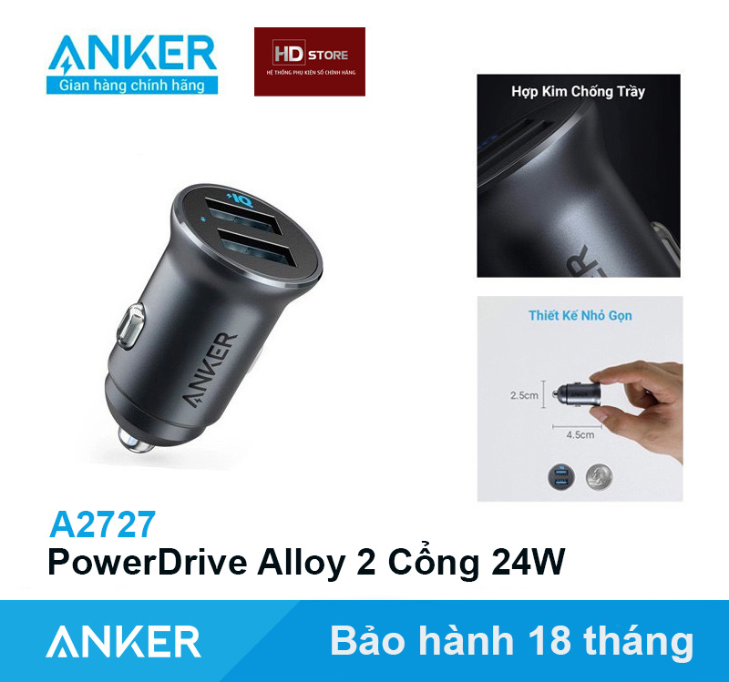 Tẩu sạc Ô tô ANKER PowerDrive Alloy 24W  2 Cổng USB 12W - A2727  Sạc cho Iphone Samsung