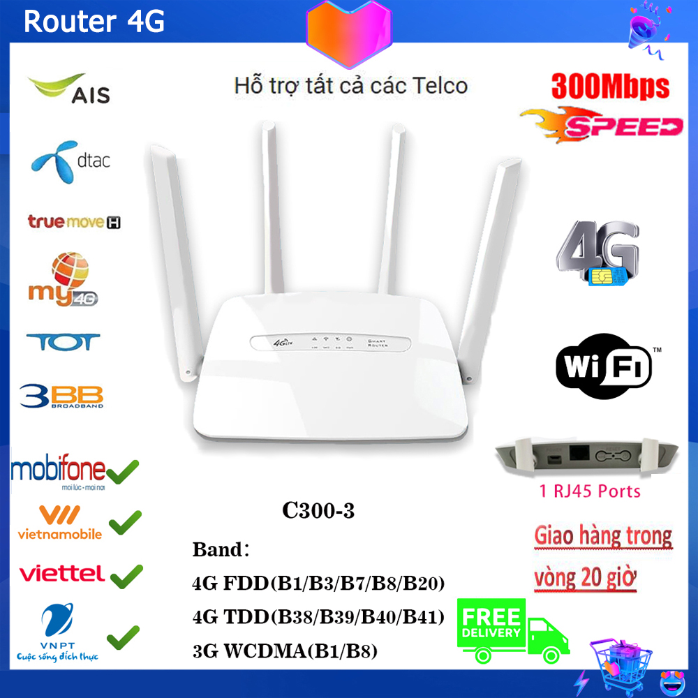 Router wifi 4g c300, modem wifi 802.11n có thể cắm dây mạng lan 4g/3g 4 râu chuẩn tốc độ 300 mbps phát sóng khỏe, bộ phát wifi cục phát wifi, bộ kích sóng wifi