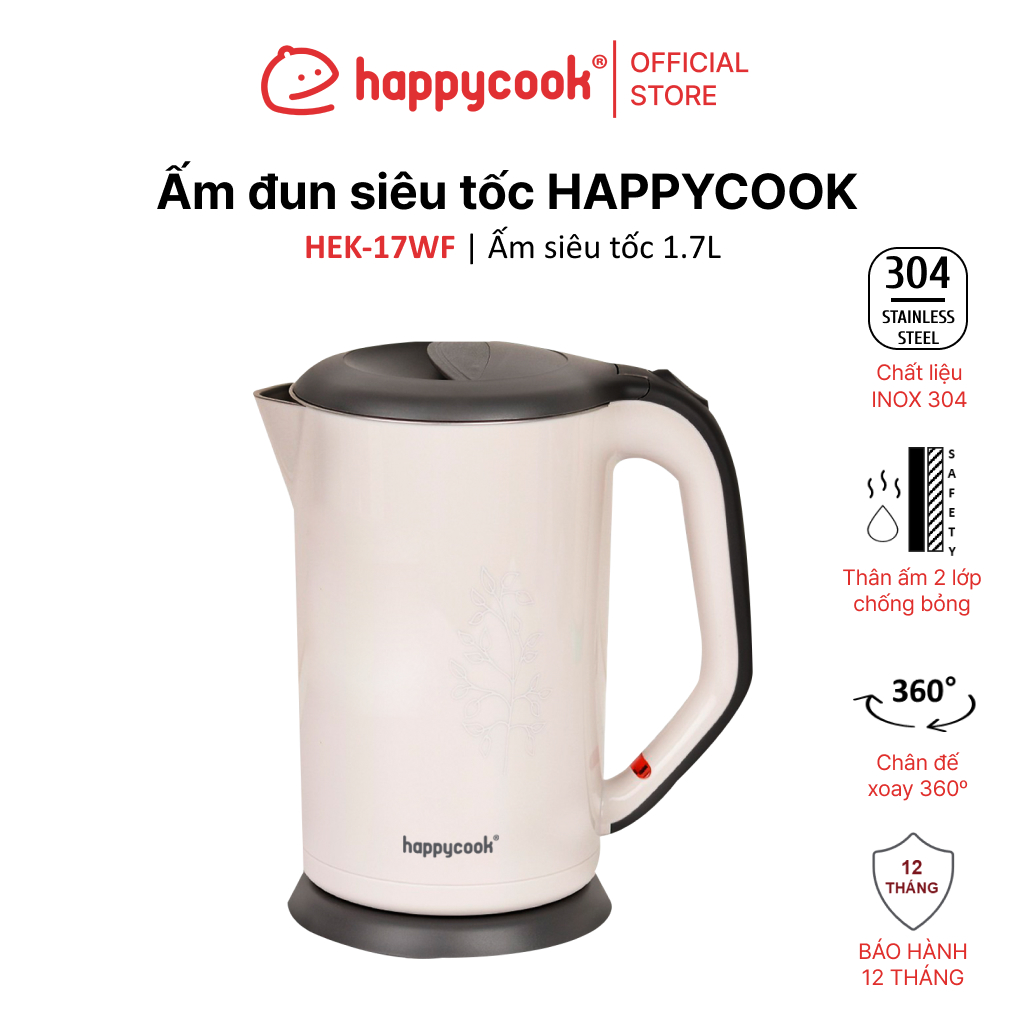 Ấm đun siêu tốc 1.7l happycook, hek-17wf