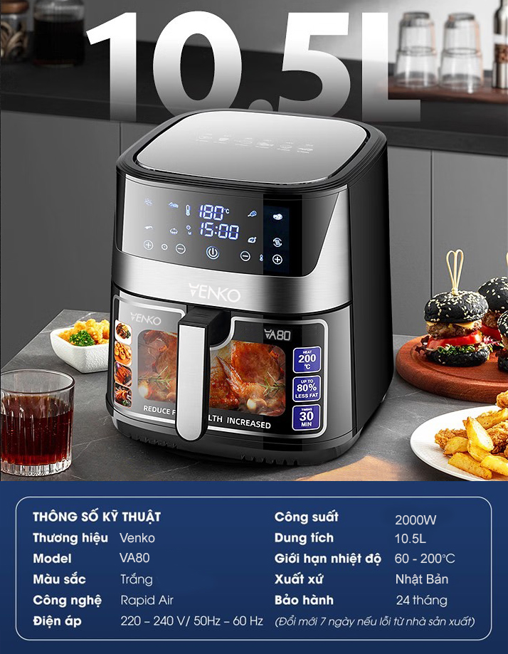 Nồi Chiên Không Dầu Venko dung tích 10.5L Có Kính - BH 1 NĂM, noi chien không dầu, nôi chiên không dầu, nôi chien không dầu, noi chien ko dầu, air fryer, lò chiên không dầu, nồi chien không dầu, lò nướng không dầu