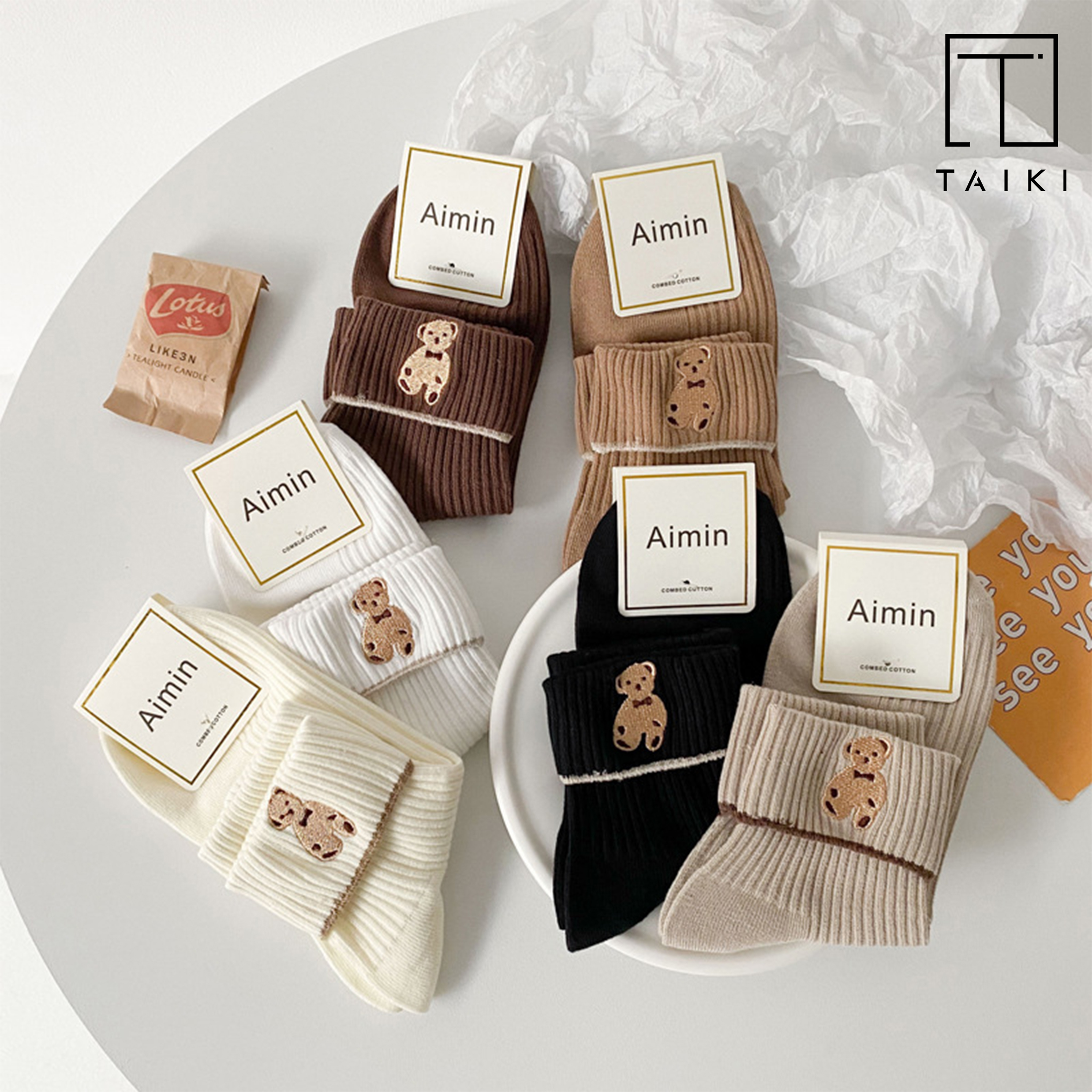 Tất vớ người lớn - sẵn hàng] tất vớ nữ cổ gập taiki tất gân cao cổ loại xịn có thêu hình gấu nâu loại cổ dài