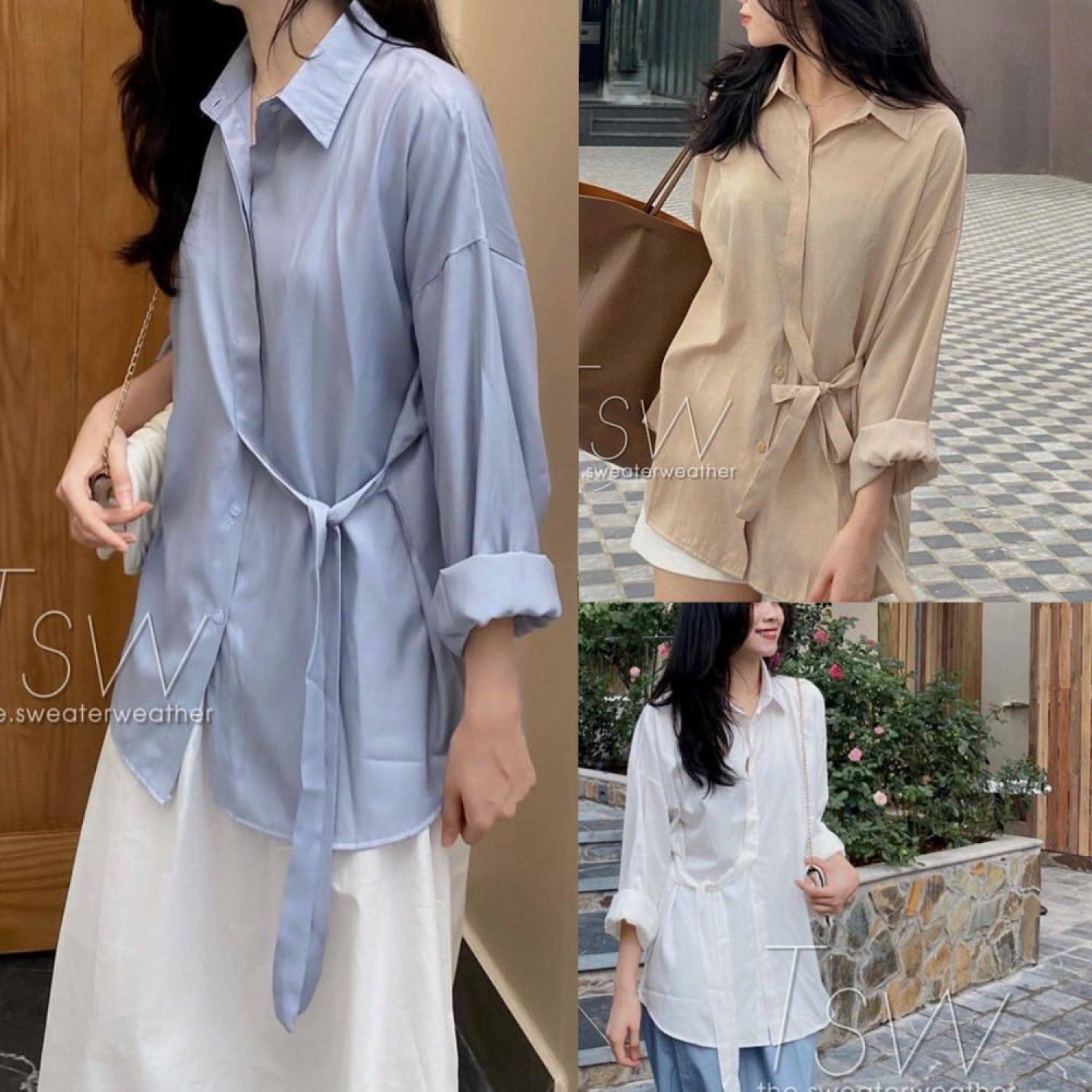 Áo Sơ mi nữ có dây thắt nơ eo tôn dáng vintage trắng xanh nâu A055 Áo kiểu lụa mềm mịn mát form rộng đi học đi chơi