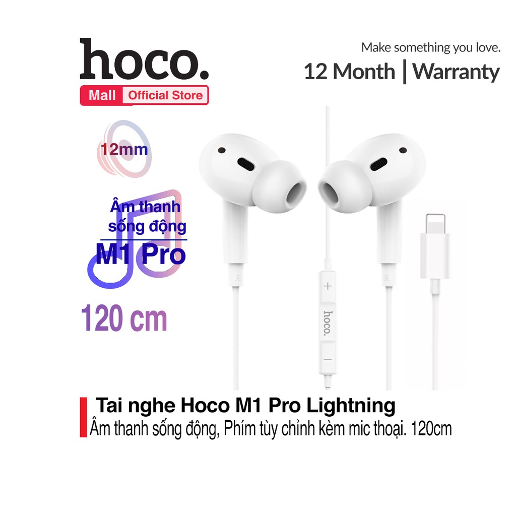 Tai Nghe Có Dây Hoco M1 Pro Lightning Dây Tráng Men TPE Điều Khiển Dây Thông Minh Dài 1.2M