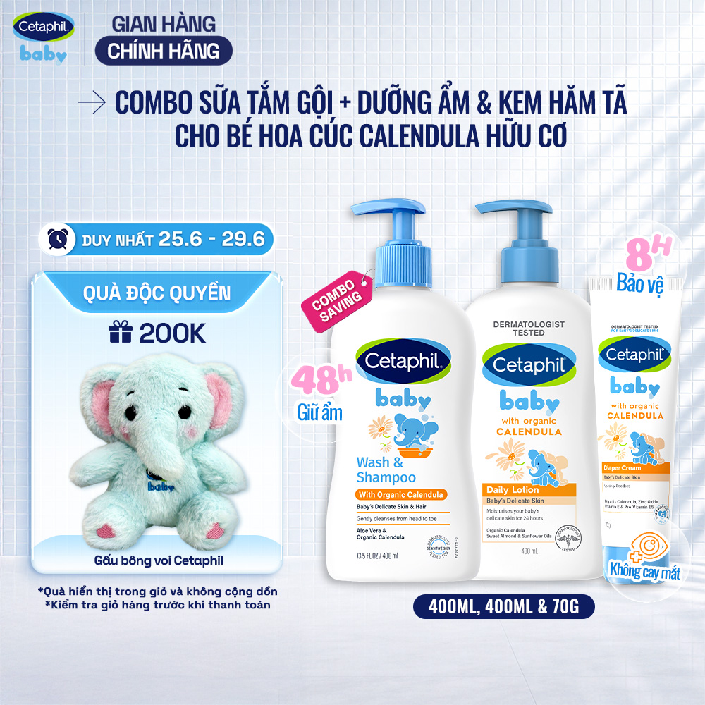 Bộ Sữa tắm gội 400ML + Sữa dưỡng ẩm 400ML + Kem chống hăm tã 70G CETAPHIL BABY WITH ORGANIC CALENDULA