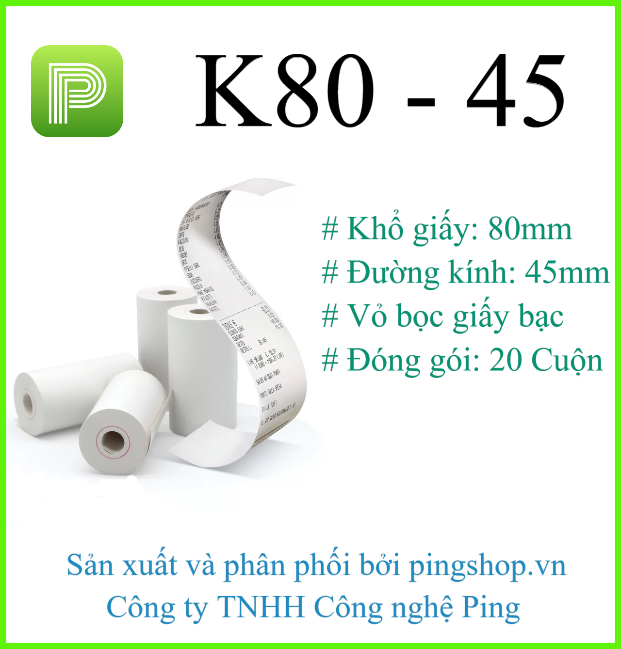 20 cuộn giấy in nhiệt, in bill K80x45 dùng cho máy in nhiệt khổ 80mm