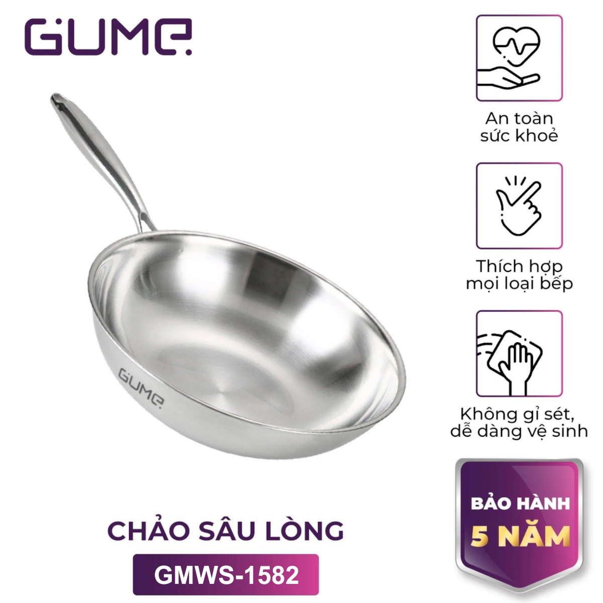 Chảo sâu lòng inox 304 đúc liền khối 5 lớp gume hàn quốc 28cm gmws-1582 bảo hành 5 năm