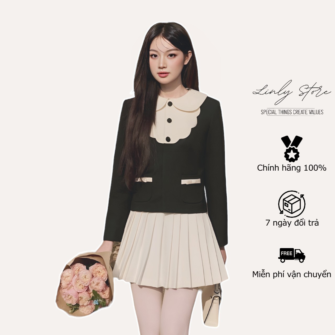 Áo vest kiểu nữ dài tay đen phối cổ sen Linly Store A-VEST18