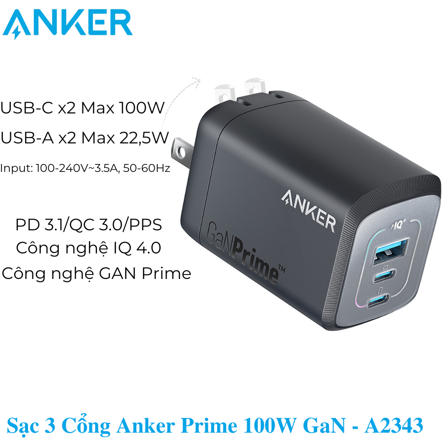 Sạc 3 cổng anker prime 100w gan - a2343