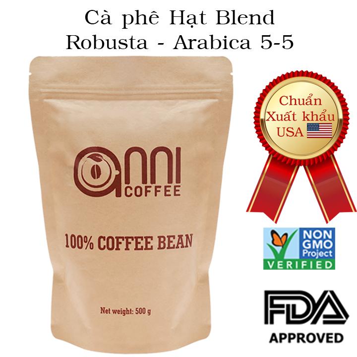 Cà phê hạt Robusta - Arabica Blend 5-5 Anni Cofee Gói 500 gram - cà phê nguyên chất 100% - không chất phụ gia hương liệu - đạt tiêu chuẩn xuất khẩu Mỹ giấy chứng nhận FDA và Non - GMO - Phù hợp pha máy