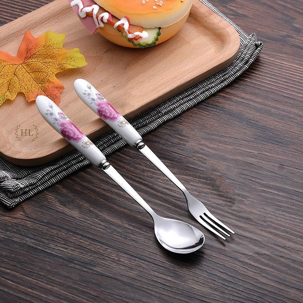 Set 10 thìa cafe, 10 dĩa hoa quả inox cán sứ hình hoa
