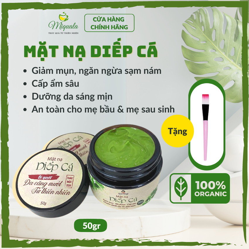 [Freeship+Quà10k] Mặt Nạ Giảm Mụn Diếp Cá Thảo Mộc Xưa - Cấp Ẩm, Ngừa Mụn Sạm Nám, Se Khít Lỗ Chân Lông, Dành Cho Da Dầu Mụn, 100% Thiên Nhiên, An Toàn Cho Mẹ Bầu - Tặng Cọ Đắp Mặt Nạ | 50gr - Miquala