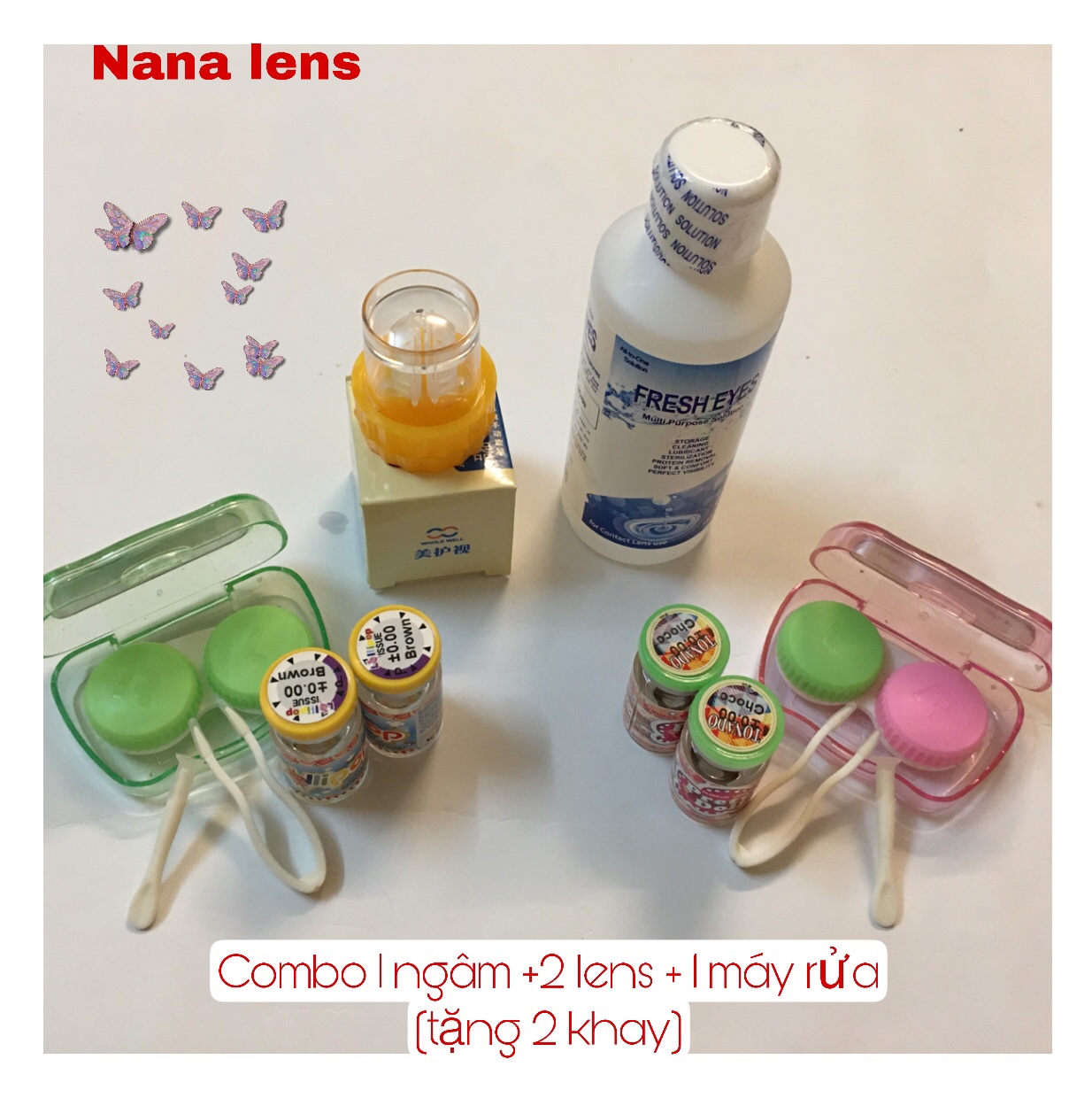 (Siêu tiết kiệm) Combo 2 đôi lens + 1 ngâm+ 1 máy rửa (Tặng 2 khay gương dụng cụ đeo) combo được chọn mẫu lens và độ cận - Nana lens