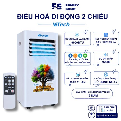 Điều hoà di động 2 chiều Vtech tích hợp 4 trong 1 làm lạnh, sưởi ấm, hút ẩm, lọc không khí tới 60m2 không cần lắp đặt, công suất 9000BTU