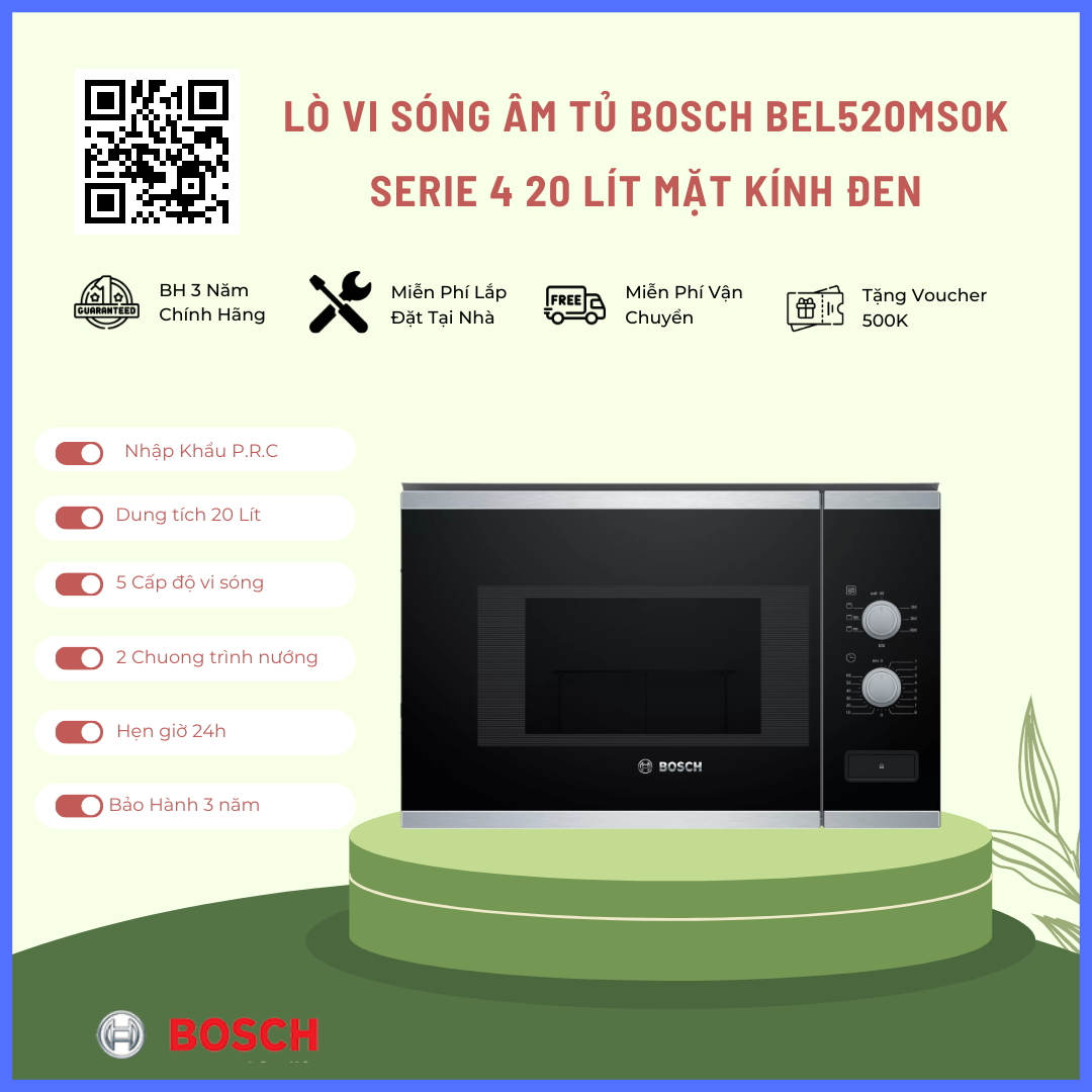 Lò vi sóng âm tủ bosch bel520ms0k serie 4 20 lít mặt kính đen