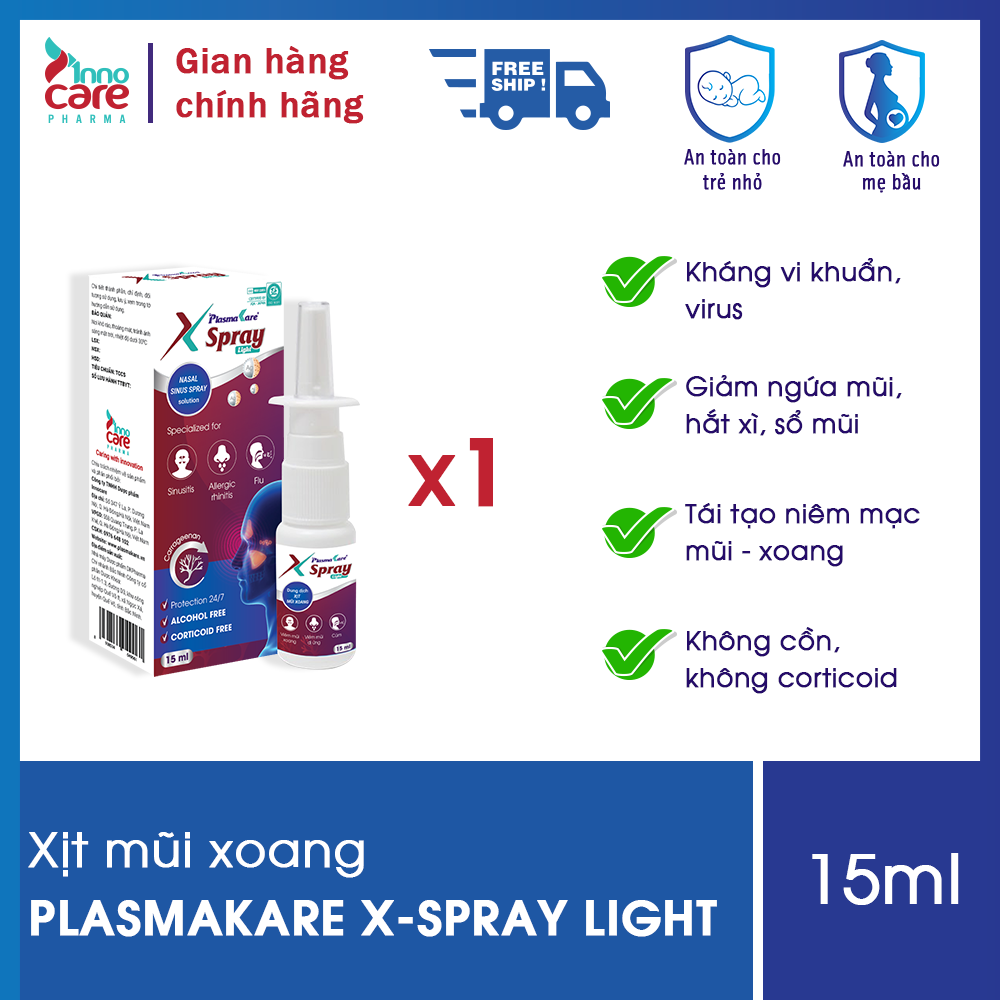 Xịt mũi, xịt xoang PlasmaKare X-Spray Light 15ml: Giảm nghẹt mũi, sổ mũi, giảm viêm mũi, viêm xoang
