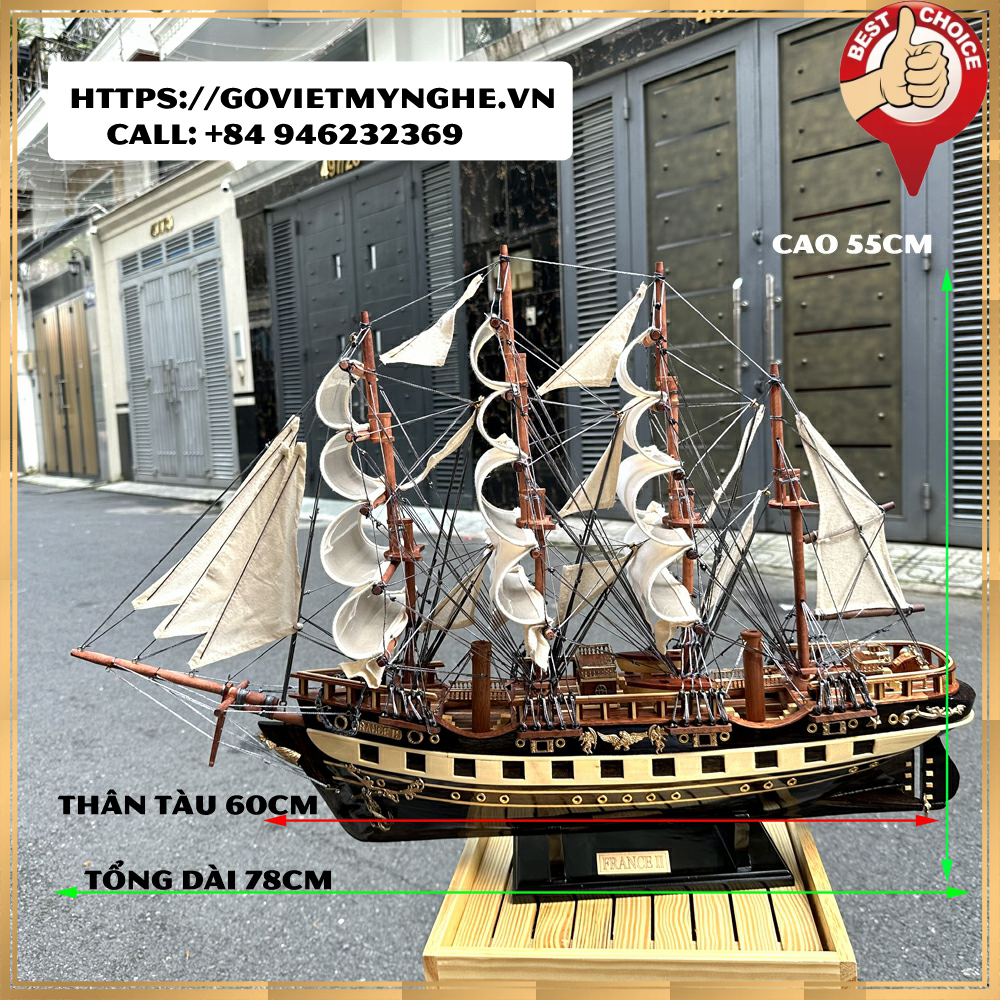 Mô hình thuyền gỗ thuyền trang trí tàu chở hàng France II - Gỗ muồng đen - Thân tàu dài 60cm - Buồm vải bố - Loại VNXK