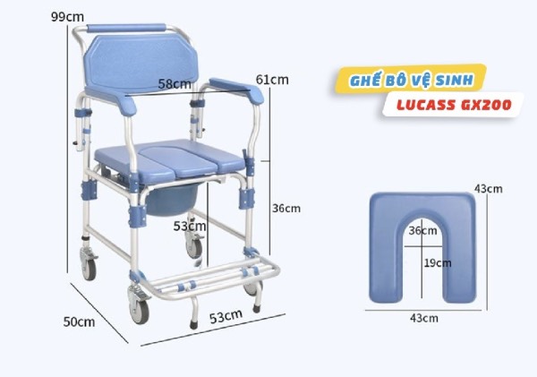Ghế bô vệ sinh có bánh xe, khung nhôm nhẹ, đệm da pu, có gác chân lucass gx-200 | tiêu chuẩn mỹ