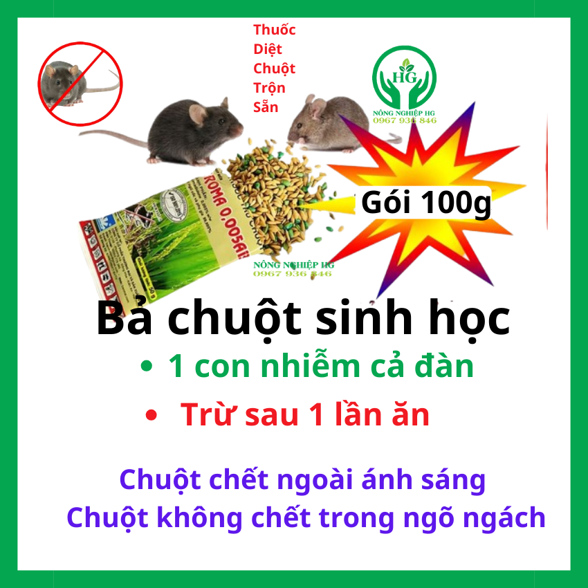 (COMBO 5 GÓI ) loại 100g Thuốc diệt chuột sinh học Broma 0.005AB, thuốc diệt chuột hiệu quả cao, thuốc trừ chuột hiệu quả cao, thuốc trừ chuột sinh học trộn sẵn dễ sử dụng