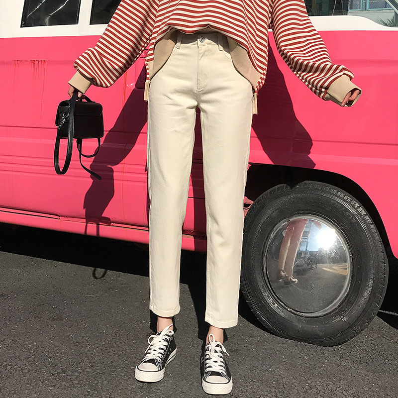 Quần jeans nữ baggy lưng cao màu trắng thiếu nữ tôn eo cool ngầu