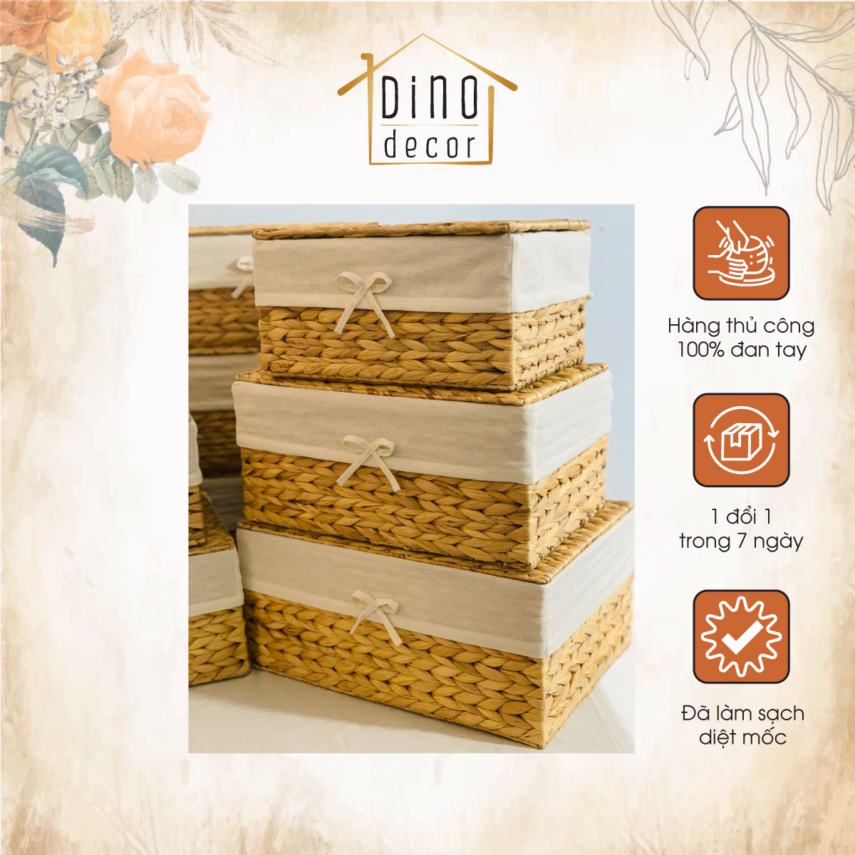 Combo 3 hộp đựng đồ chơi cho bé bằng lục bình đan tay đủ 3 kích thước S M L