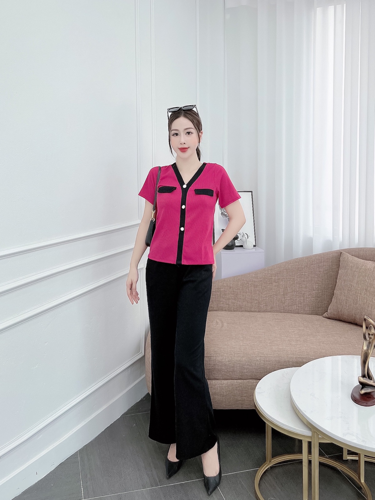 Set bộ nữ mặc nhà quần dài thun gân tăm co giãn 4 chiều