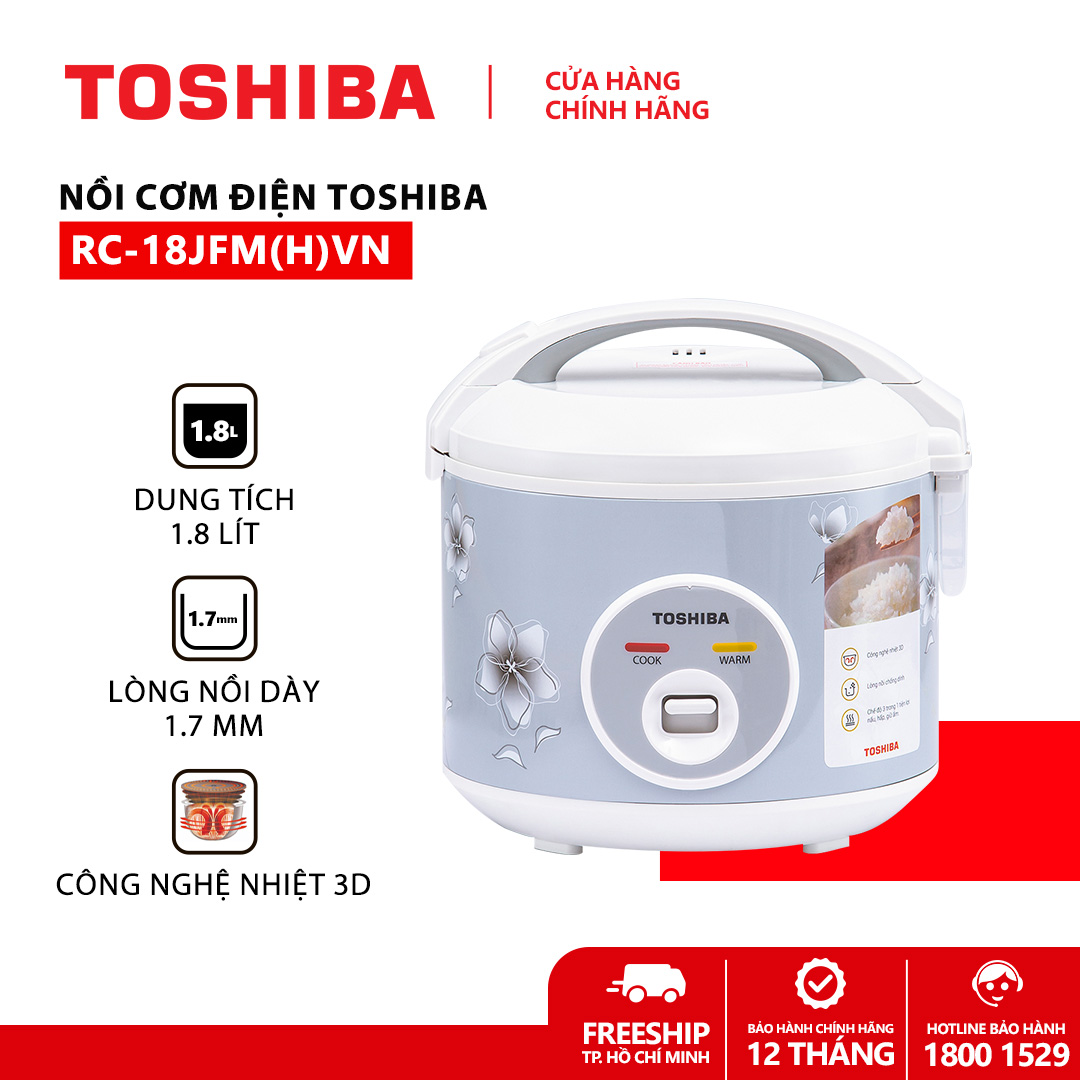 Nồi cơm điện nắp gài Toshiba RC-18JFM(H)VN - 1.8L - Lòng nồi dày 1.7mm, chống dính - công nghệ nhiệt 3D - Hàng chính hãng, bảo hành 12 tháng, chất lượng Nhật Bản