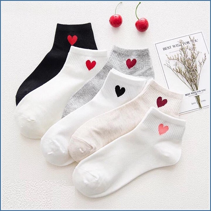 Set 5 đôi tất nữ cổ trụ trái tim siêu đáng yêu, tất cổ ngắn thêu trái tim phong cách Hàn Quốc, tất trái tim