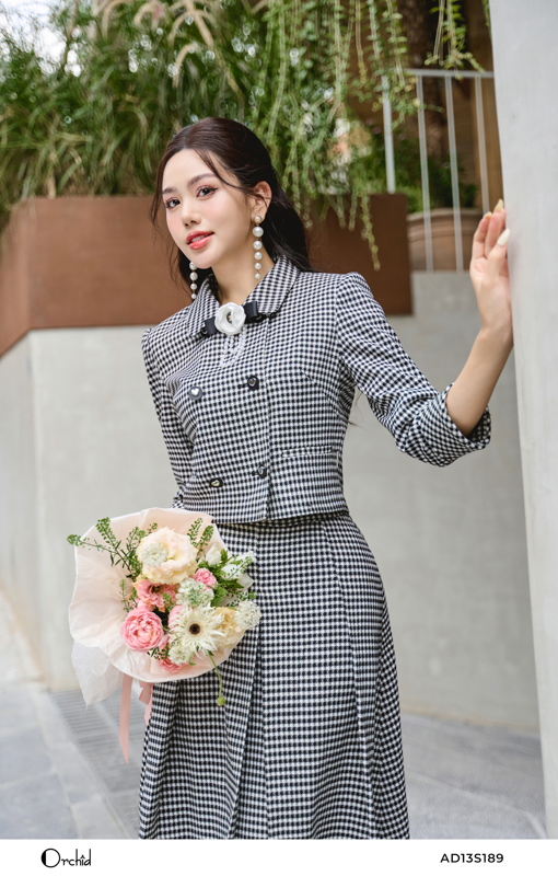 Set bộ dạ tweed kẻ phối nơ tiểu thư - áo phối chân váy xếp li- orchid ad13s189.