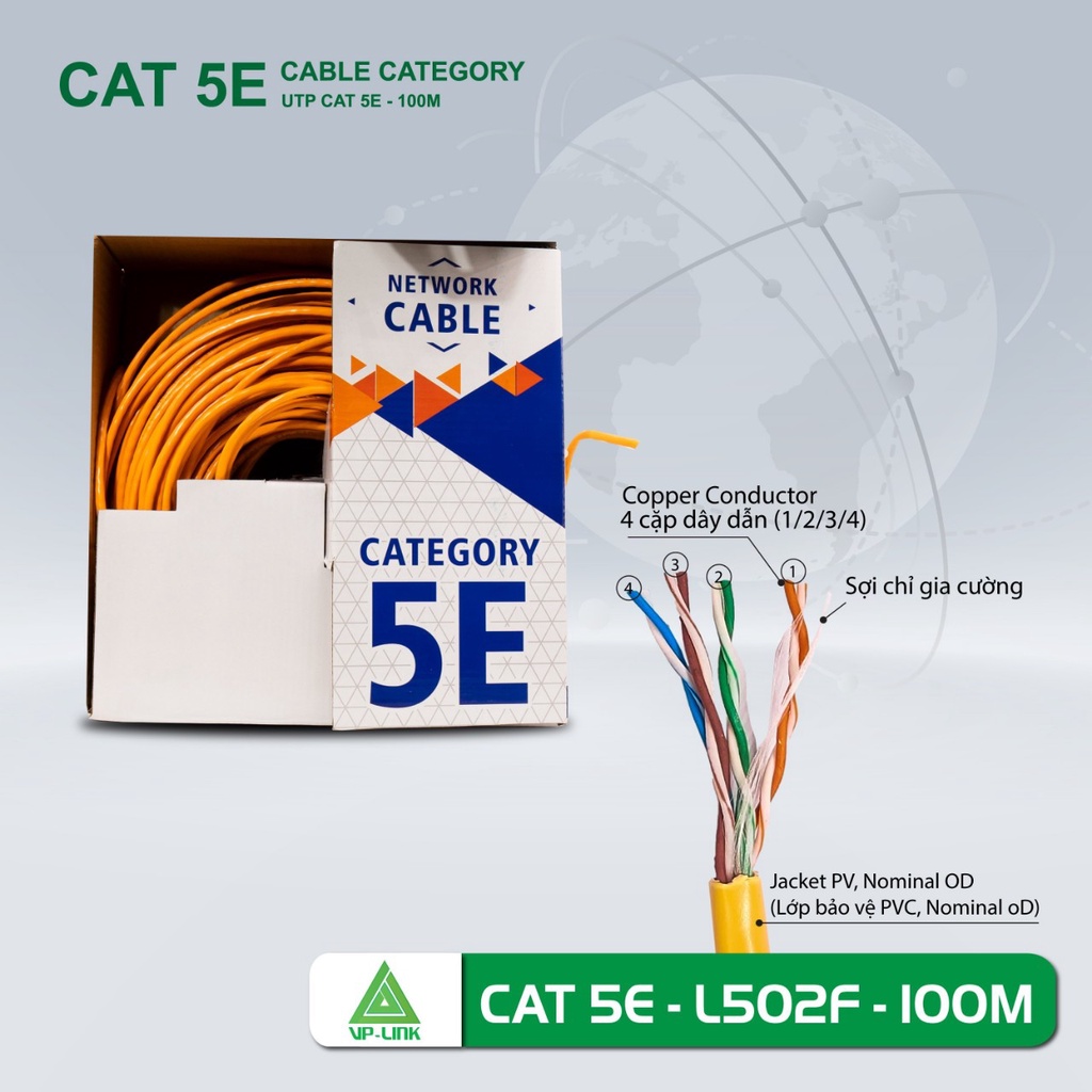 Cáp mạng vplink cat5e utp l502f chuyên bootrom cuộn 100 mét có dây dù trợ lực