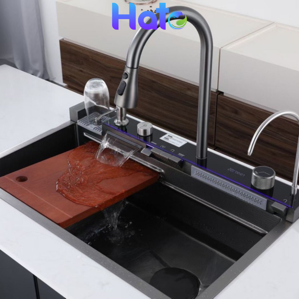 Chậu Rửa Bát 1 Hố Inox 304 HATO Mạ Nano Kim Cương Hiển Thị Nhiệt Độ, Kèm Vòi Lọc Nước, Vòi Thác , Vòi Xịt , Vặn Thoát Xả