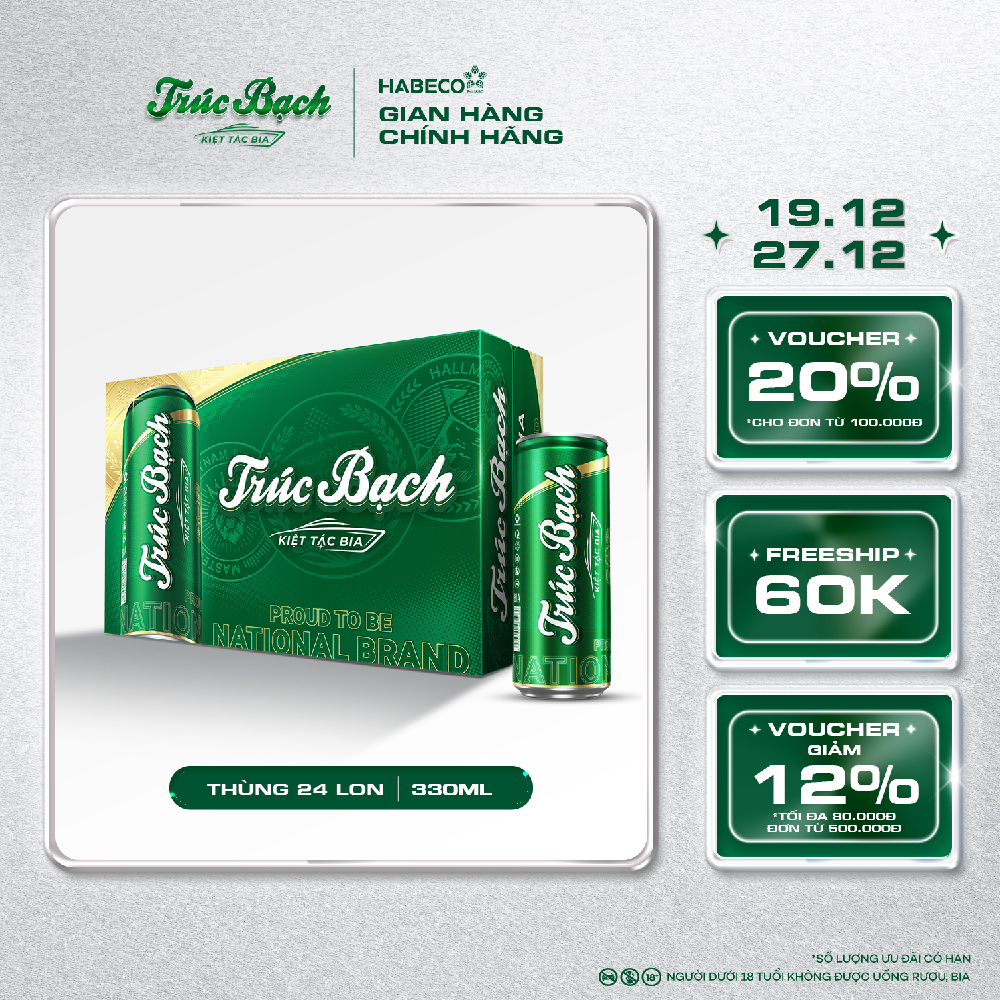 Thùng 24 lon Bia Trúc Bạch - HABECO 330ml lon