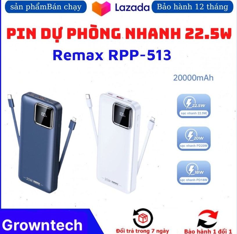 Sạc dự phòng  GrownTech RPP 513 dung lượng 20000mah Tích hợp 2 đầu dây cắm sạc tiện lợi ,  hỗ trợ sạc nhanh 22.5w, có màn hình đèn led mặt gương bảo hành 24 tháng