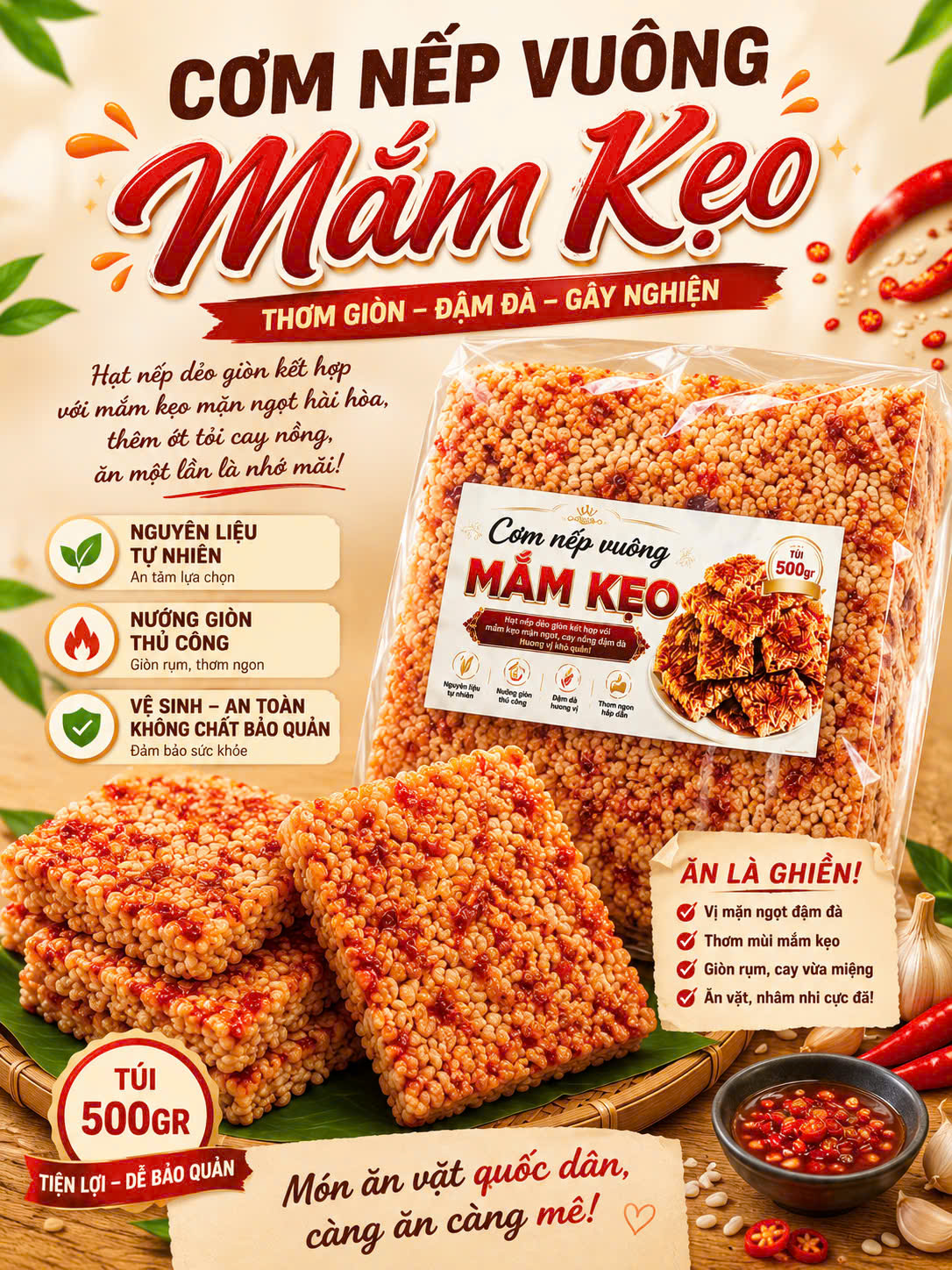 [túi 500g] CƠM NẾP VUÔNG MẮM KẸO – GIÒN TAN, ĐẬM VỊ