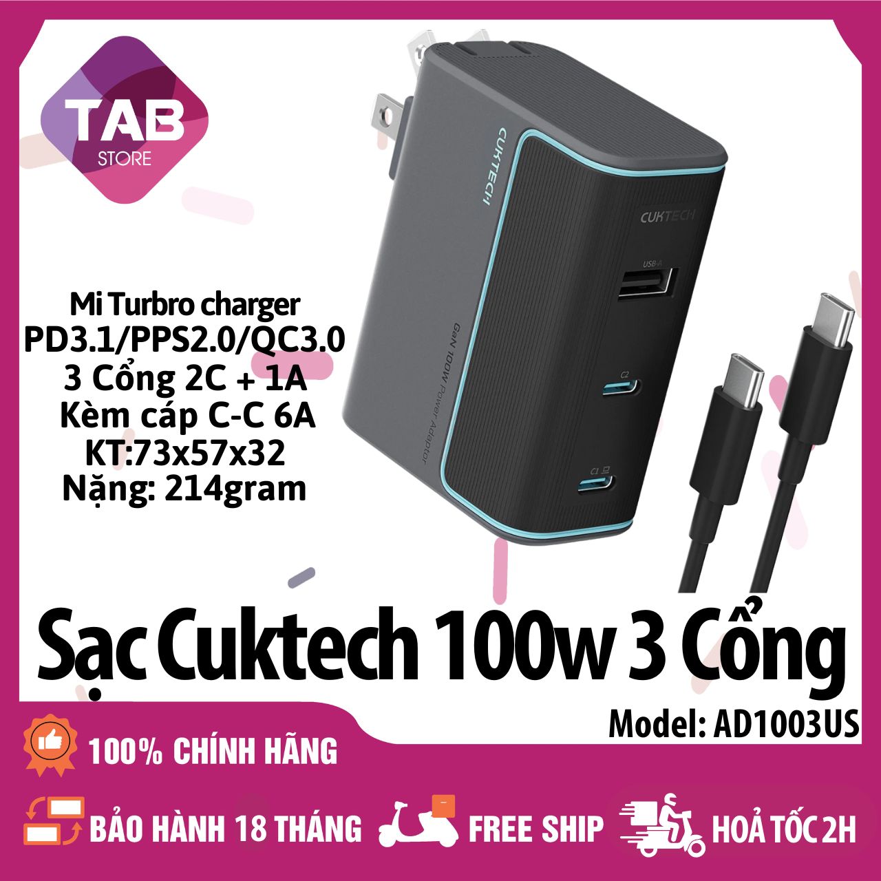 Sạc Cuktech 100w 3 Cổng (2C+1A) Mi turbro PD3.1/PPS2.0/QC AD1003US - Bảo Hành 18 Tháng