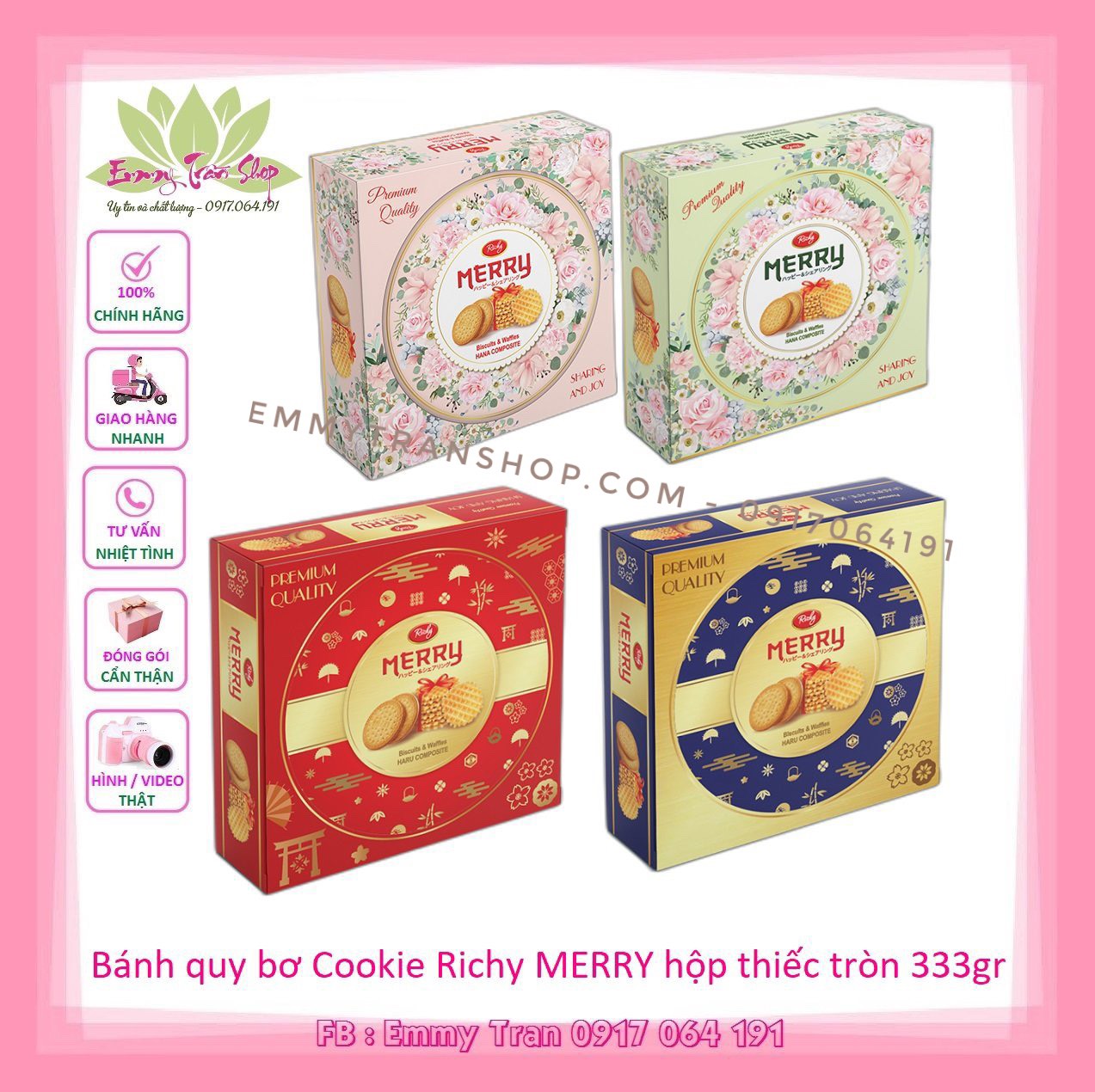 Bánh quy bơ cookie thập cẩm Richy MERRY hộp thiếc 333gr - có 4 loại lựa chọn ( Emmy Tran Shop )